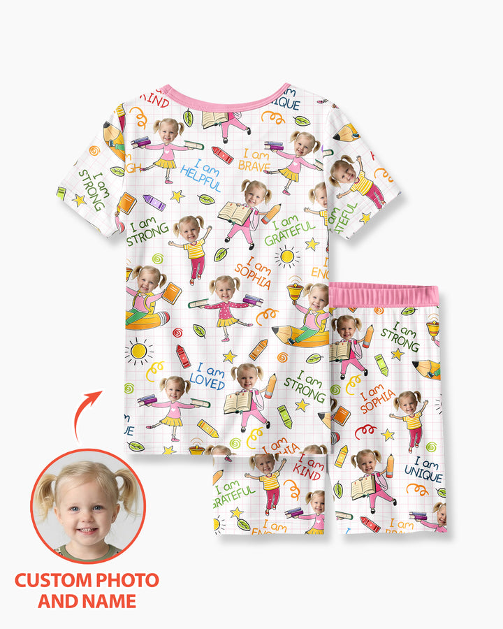Custom Photo Kid Affirmations I Am Kind Bamboo Two Piece Short Sleeve Shorts Pajama Set