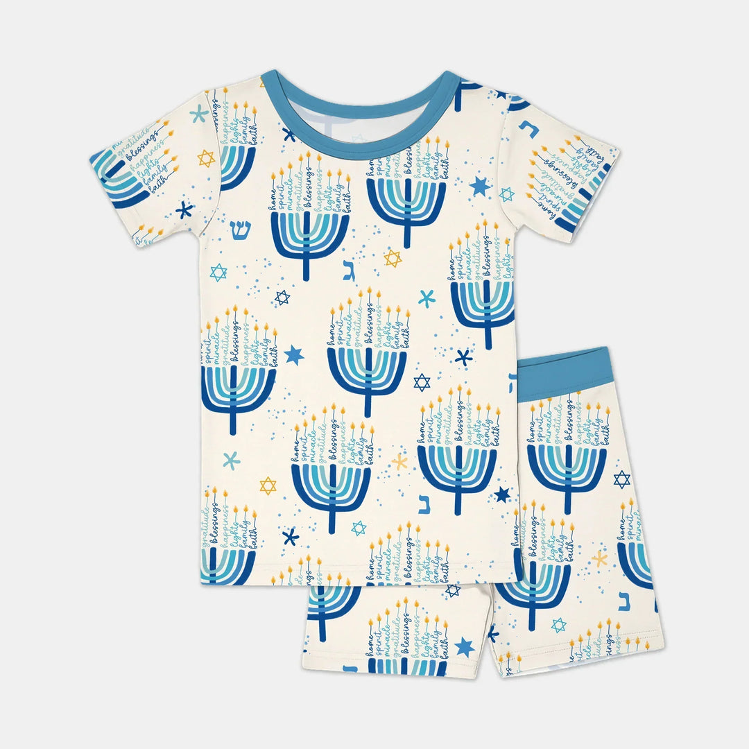 Hannukkah Menorah Family Matching Two Piece Short Sleeve Shorts Pajama Set , Hannukkah Menorah Family Matching Two Piece Short Sleeve Shorts Pajama Set - 12-18M / Girl