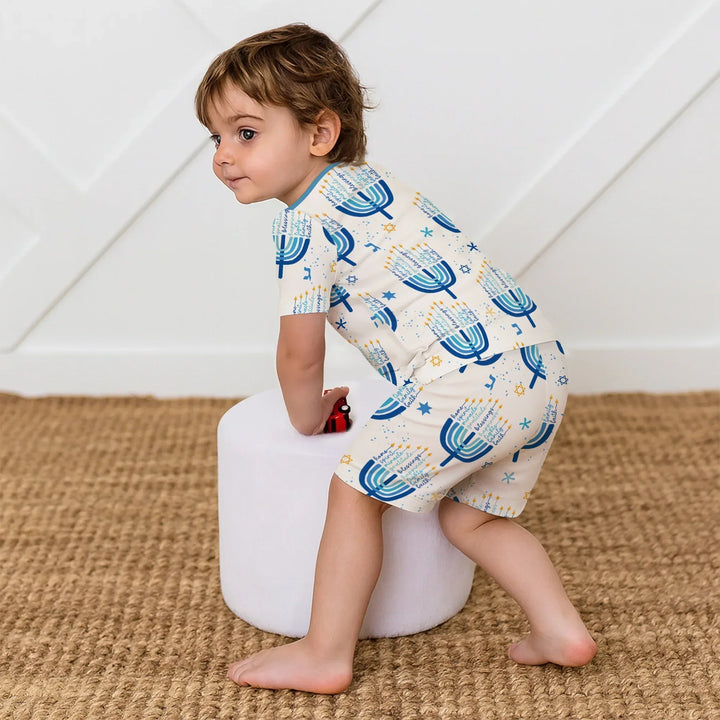 Hannukkah Menorah Family Matching Two Piece Short Sleeve Shorts Pajama Set , Hannukkah Menorah Family Matching Two Piece Short Sleeve Shorts Pajama Set - 12-18M / Girl