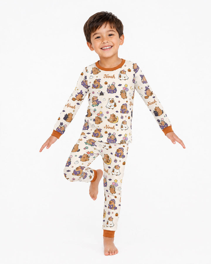 Custom Name Kawaii Halloween Capybara Bamboo Two Piece Long Sleeve Pajama Set