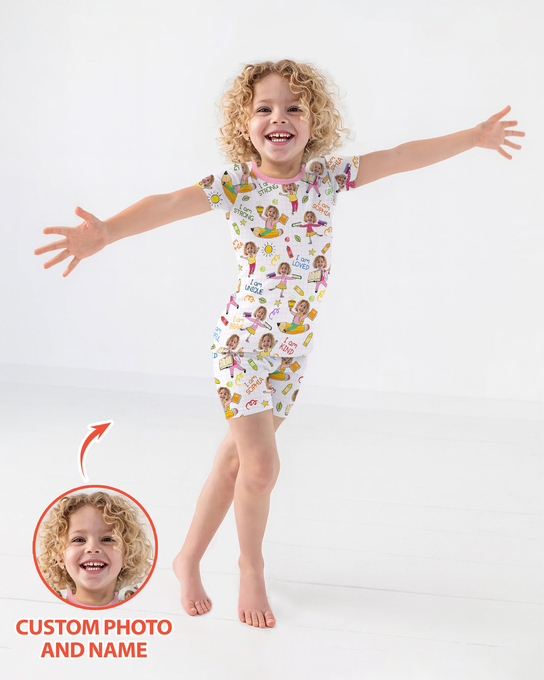 Custom Photo Kid Affirmations I Am Kind Bamboo Two Piece Short Sleeve Shorts Pajama Set