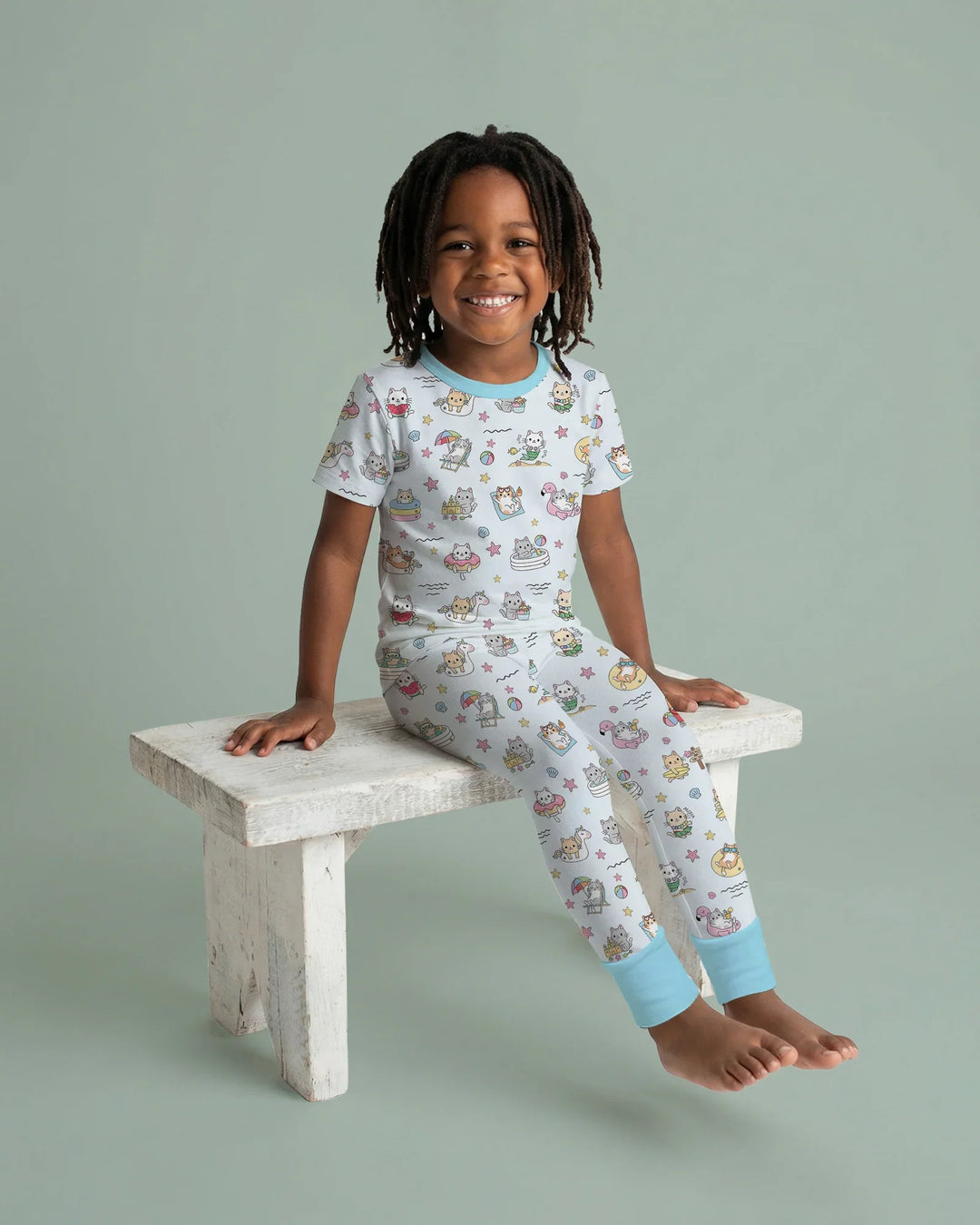 Kawaii Cats Summer Vacation Bamboo Two Piece Short Sleeve Pajama Set