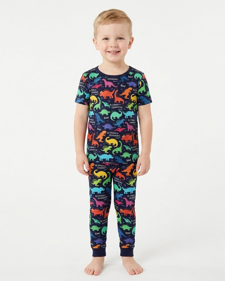 Be Strong and Courageous Dinosaur Christian Bamboo Two Piece Short Sleeve Pajama Set