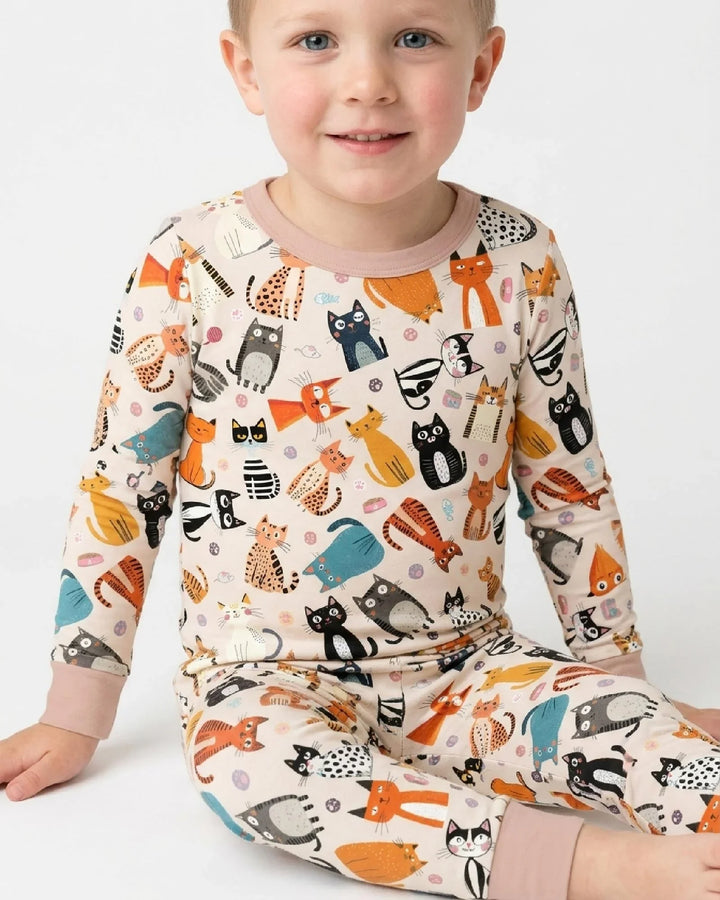 Goofy Mischief Cat Family Matching Bamboo Two Piece Long Sleeve Pajama Set