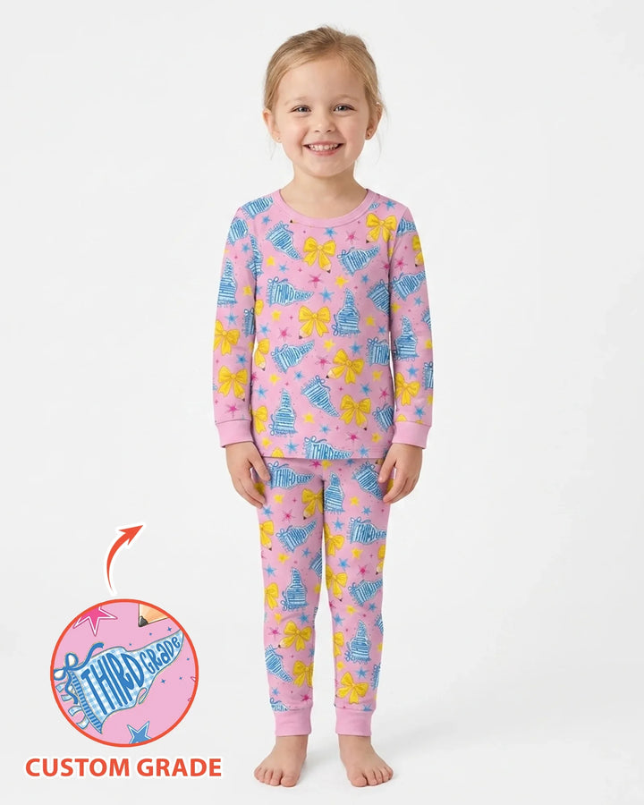 Pencil Bow Back To School Bamboo Two Piece Long Sleeve Pajama Set