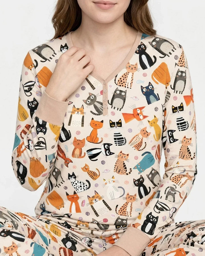 Goofy Schabernack Katzenfamilie Passender Pyjama aus Bambus für Damen