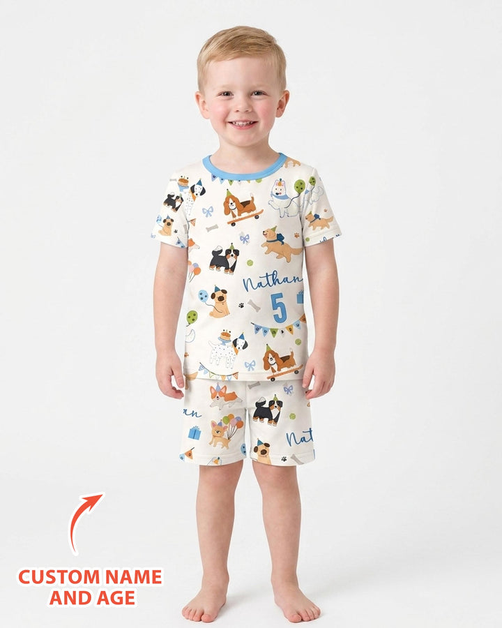 Custom Name Birthday Dogs Party Bamboo Two Piece Short Sleeve Shorts Pajama Set