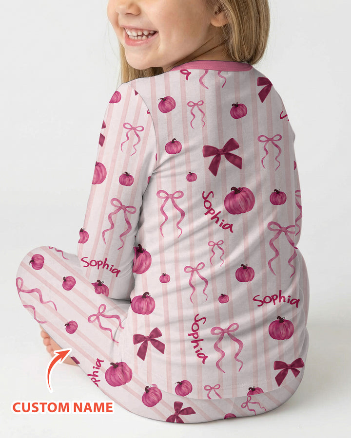 Custom Name Coquette Pumpkin Bow Fall Bamboo Two Piece Long Sleeve Pajama Set