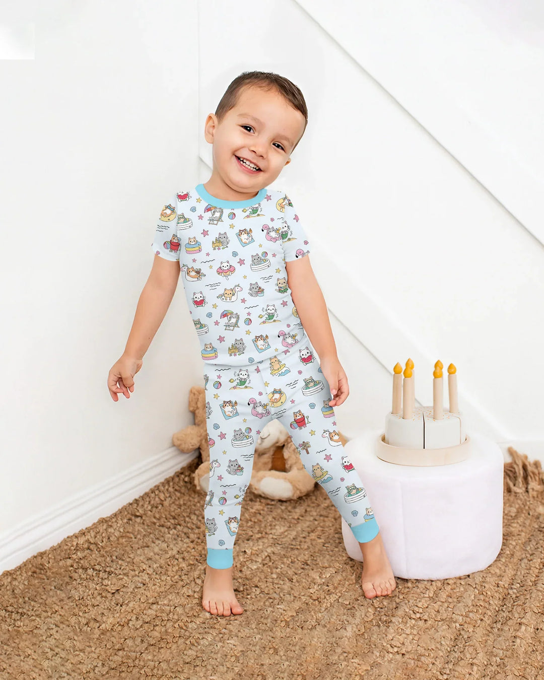 Kawaii Cats Summer Vacation Bamboo Two Piece Short Sleeve Pajama Set
