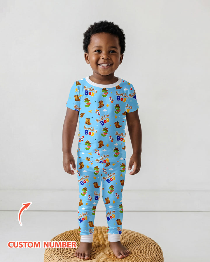Custom Birthday Western Boy Bamboo Two Piece Short Sleeve Pajama Set