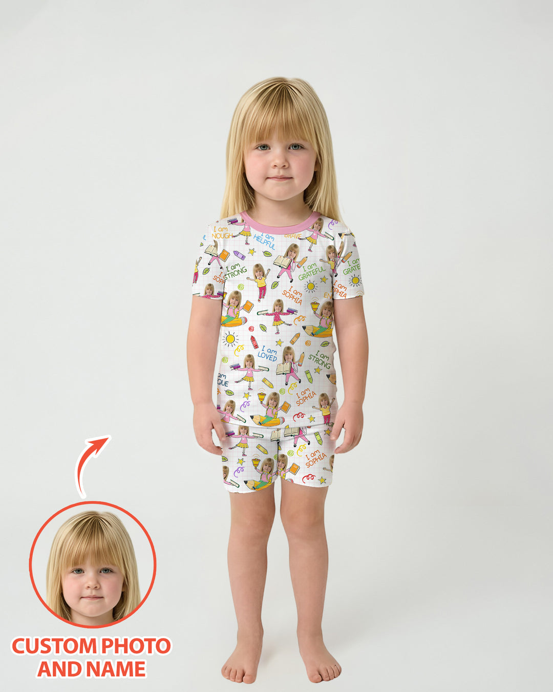 Custom Photo Kid Affirmations I Am Kind Bamboo Two Piece Short Sleeve Shorts Pajama Set