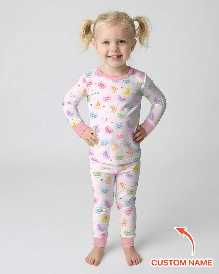 Custom Name Tennis Candy Hearts Bamboo Two Piece Long Sleeve Pajama Set