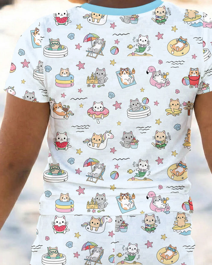 Kawaii Cats Summer Vacation Bamboo Two Piece Short Sleeve Pajama Set