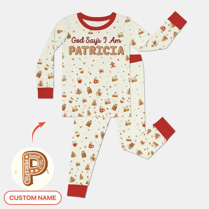 GingerBread God Says I Am Custom Name Two Piece Long Sleeve Pajama Set , GingerBread God Says I Am Custom Name Two Piece Long Sleeve Pajama Set - 12-18M