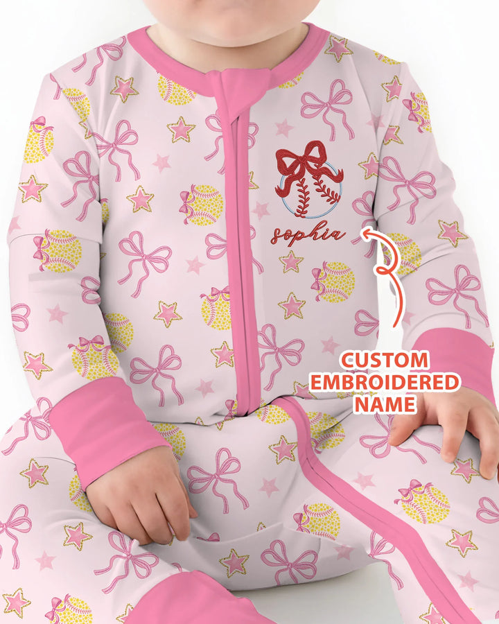 Custom Name Embroidered Softball Bow Baby Bamboo Convertible Zippy