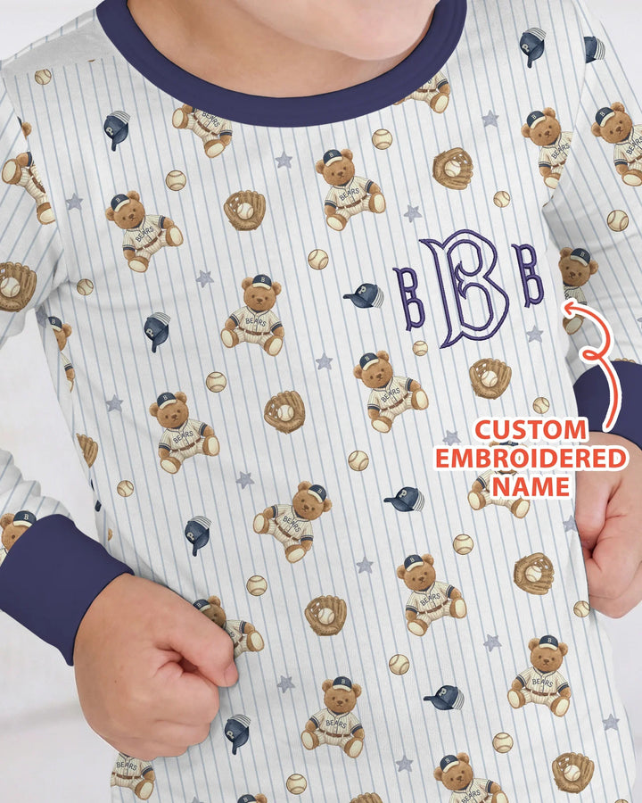 Personalized Embroidered Teddy Bear Baseball Baby Bamboo Two Piece Long Sleeve Pajama Set