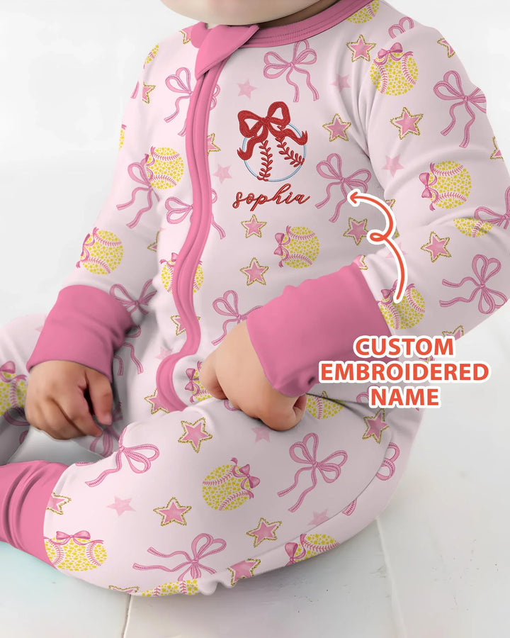 Custom Name Embroidered Softball Bow Baby Bamboo Convertible Zippy