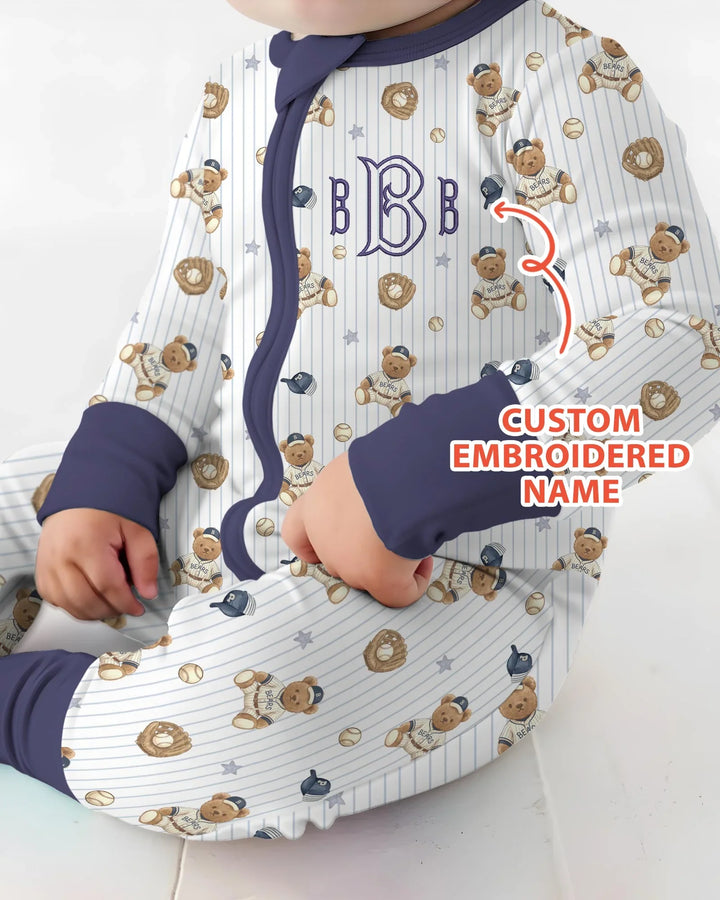 Personalized Embroidered Teddy Bear Baseball Baby Bamboo Convertible Zippy