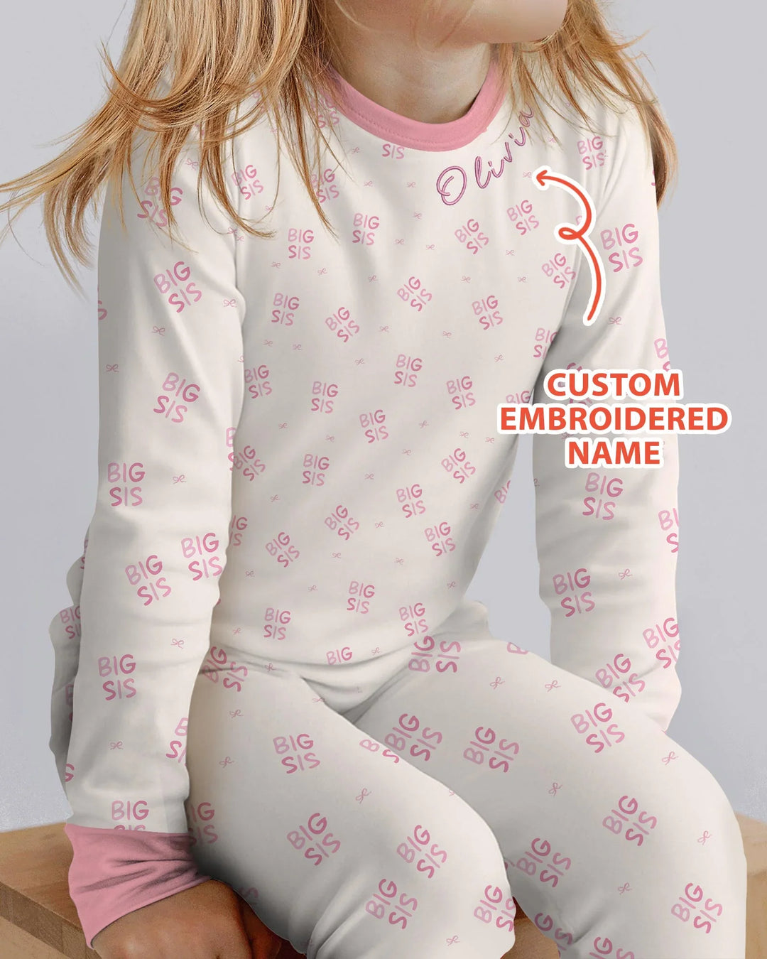 Custom Embroidered Name Big Sis Bamboo Two Piece Long Sleeve Pajama Set