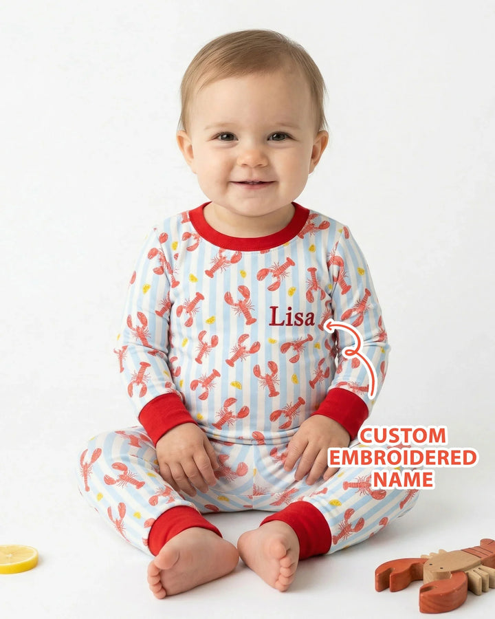 Personalized Embroidered Crawfish Summer Baby Bamboo Two Piece Long Sleeve Pajama Set