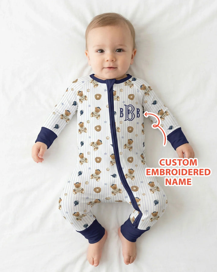 Personalized Embroidered Teddy Bear Baseball Baby Bamboo Convertible Zippy