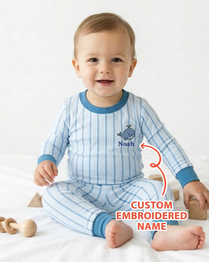 Custom Embroidered Name Marine Life Bamboo Two Piece Long Sleeve Pajama Set