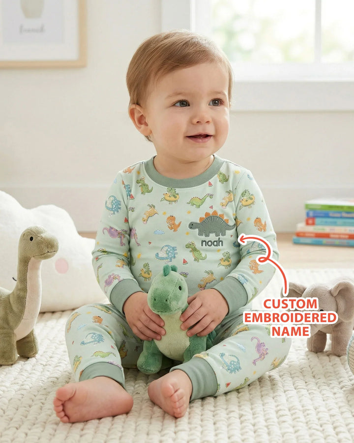 Custom Embroidered Name Summer Dinosaur Bamboo Two Piece Long Sleeve Pajama Set