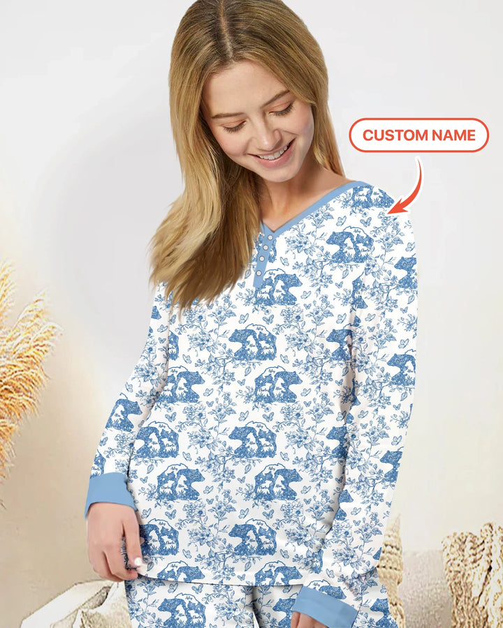 Personalisierter Name Mama Bär Toile Bambus Damen Schlafanzug Set