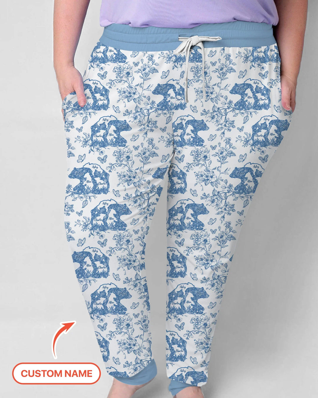 Personalisierter Name Mama Bär Toile Bambus Damen Schlafanzug Set