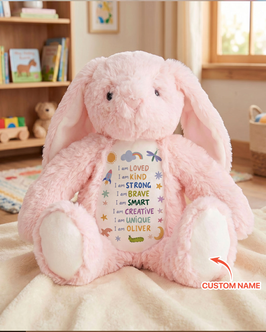 Custom Name Colorful Affirmations Soft Toy Bunny