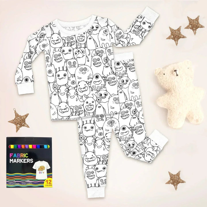 All Colorable For Halloween Two Piece Long Sleeve Pajama Set , All Colorable For Halloween Two Piece Long Sleeve Pajama Set - Monsters Fun / 3T