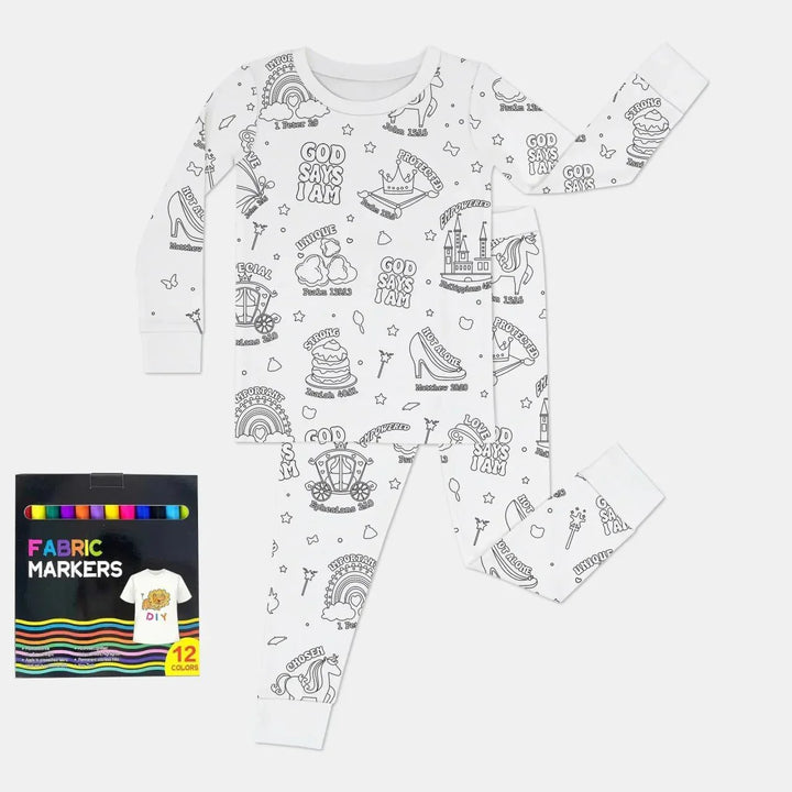 All Colorable Two Piece Long Sleeve Pajama Set , All Colorable Two Piece Long Sleeve Pajama Set - God Says I am Girl / 3T