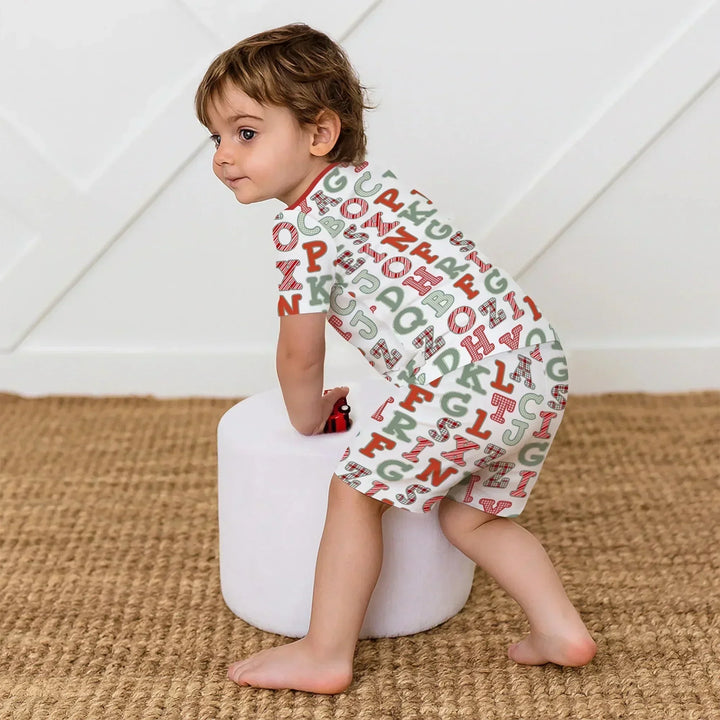 Alphabet Of Christmas Two Piece Short Sleeve Shorts Pajama Set , Alphabet Of Christmas Two Piece Short Sleeve Shorts Pajama Set - 12-18M