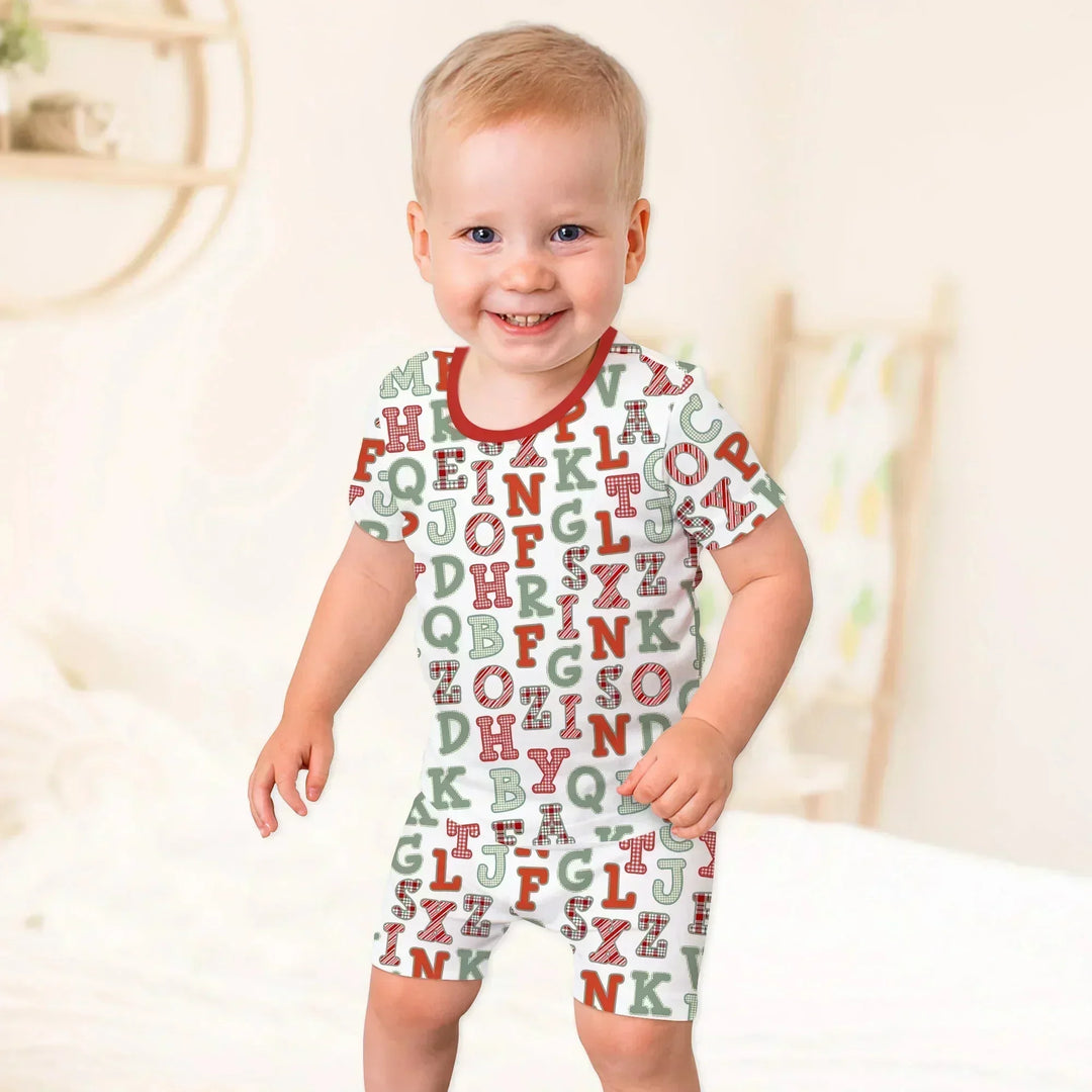 Alphabet Of Christmas Two Piece Short Sleeve Shorts Pajama Set , Alphabet Of Christmas Two Piece Short Sleeve Shorts Pajama Set - 12-18M