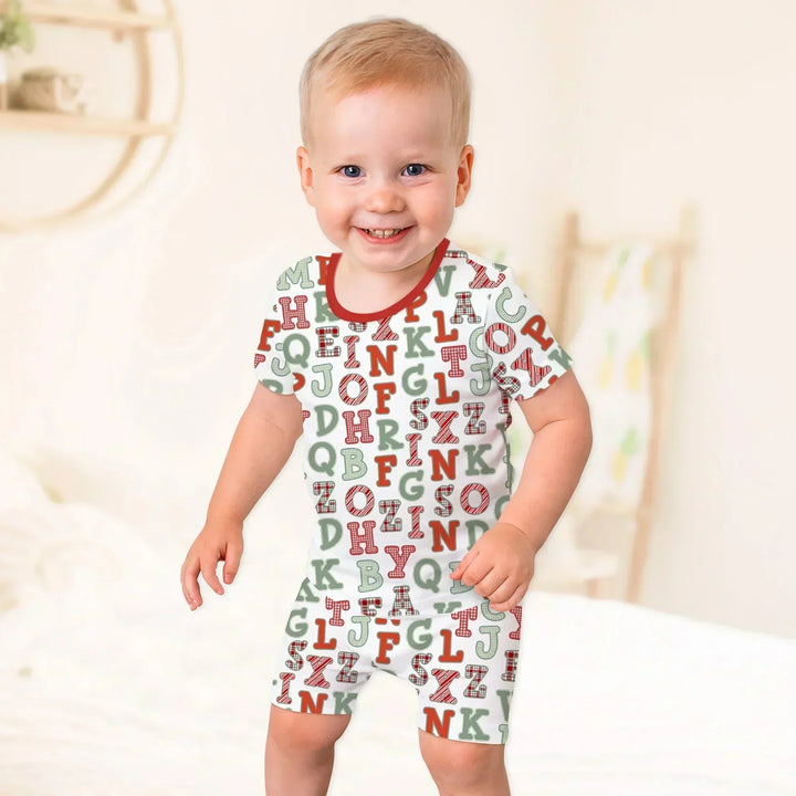 Alphabet Of Christmas Two Piece Short Sleeve Shorts Pajama Set , Alphabet Of Christmas Two Piece Short Sleeve Shorts Pajama Set - 12-18M