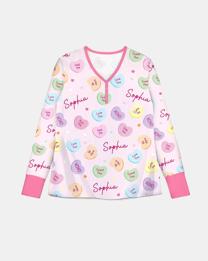 Personalisierter Name Bunte Zuckerherzen Familien-Pyjama-Set für Damen aus Bambus