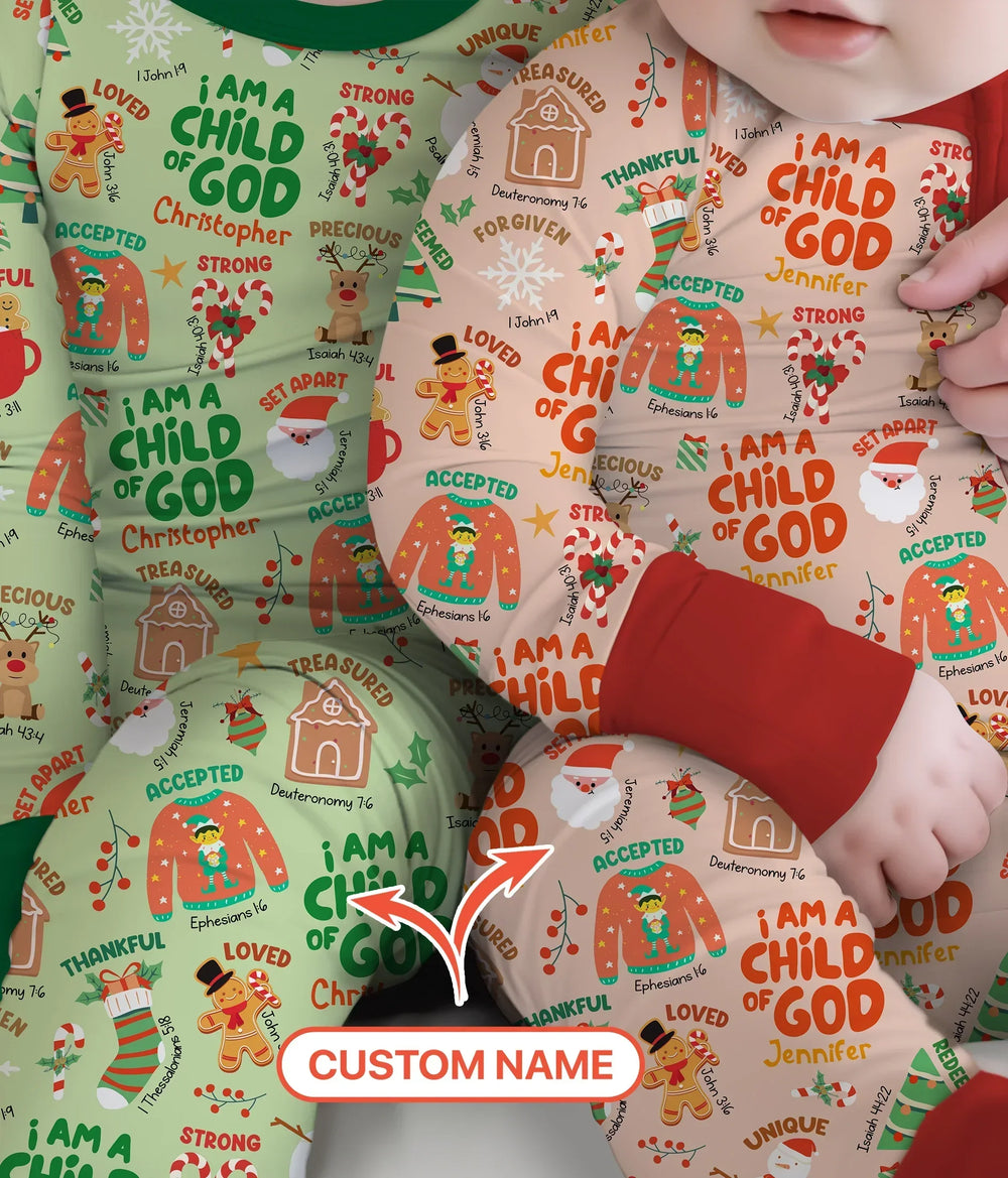 Merry Christmas I Am A Child Of God Custom Name Two Piece Long Sleeve Pajama Set (Green) , Merry Christmas I Am A Child Of God Custom Name Two Piece Long Sleeve Pajama Set (Green) - 12-18M