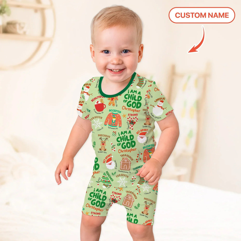 Merry Christmas I Am A Child Of God Custom Name Two Piece Short Sleeve Shorts Pajama Set (Green) , Merry Christmas I Am A Child Of God Custom Name Two Piece Short Sleeve Shorts Pajama Set (Green) - 12-18M