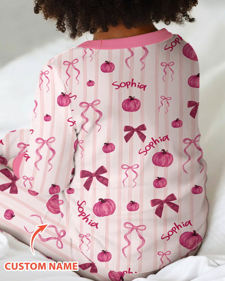 Custom Name Coquette Pumpkin Bow Fall Bamboo Two Piece Long Sleeve Pajama Set
