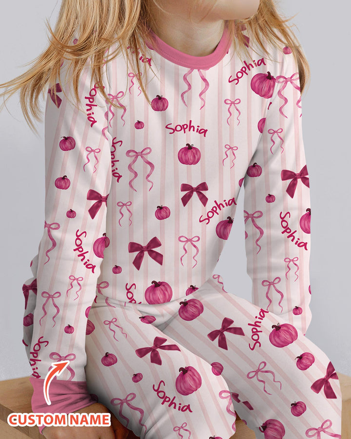 Custom Name Coquette Pumpkin Bow Fall Bamboo Two Piece Long Sleeve Pajama Set