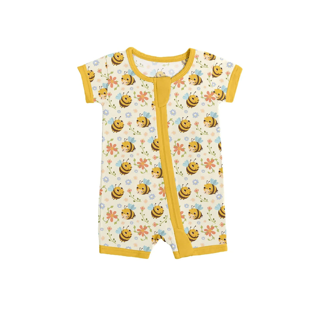 Bees and Flowers Shorty Zippered Romper , Bees and Flowers Shorty Zippered Romper - 0-3M