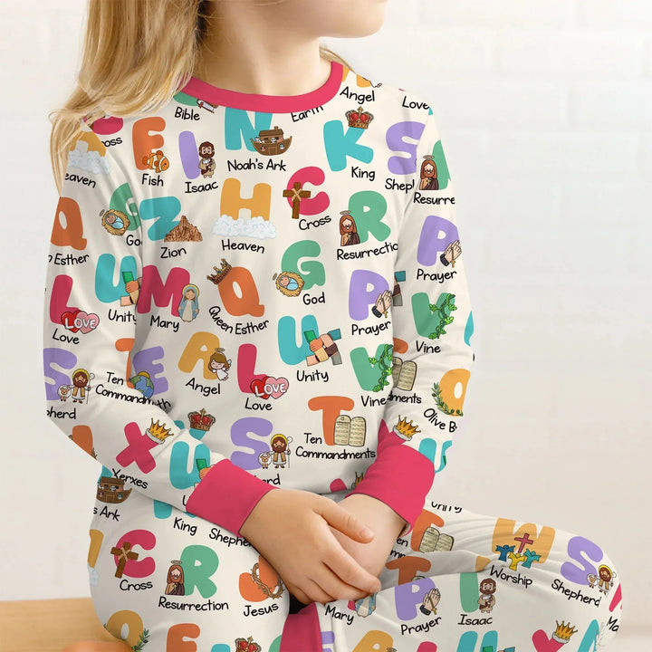 Biblical Alphabet Two Piece Long Sleeve Pajama Set , Biblical Alphabet Two Piece Long Sleeve Pajama Set - 12-18M / Teal