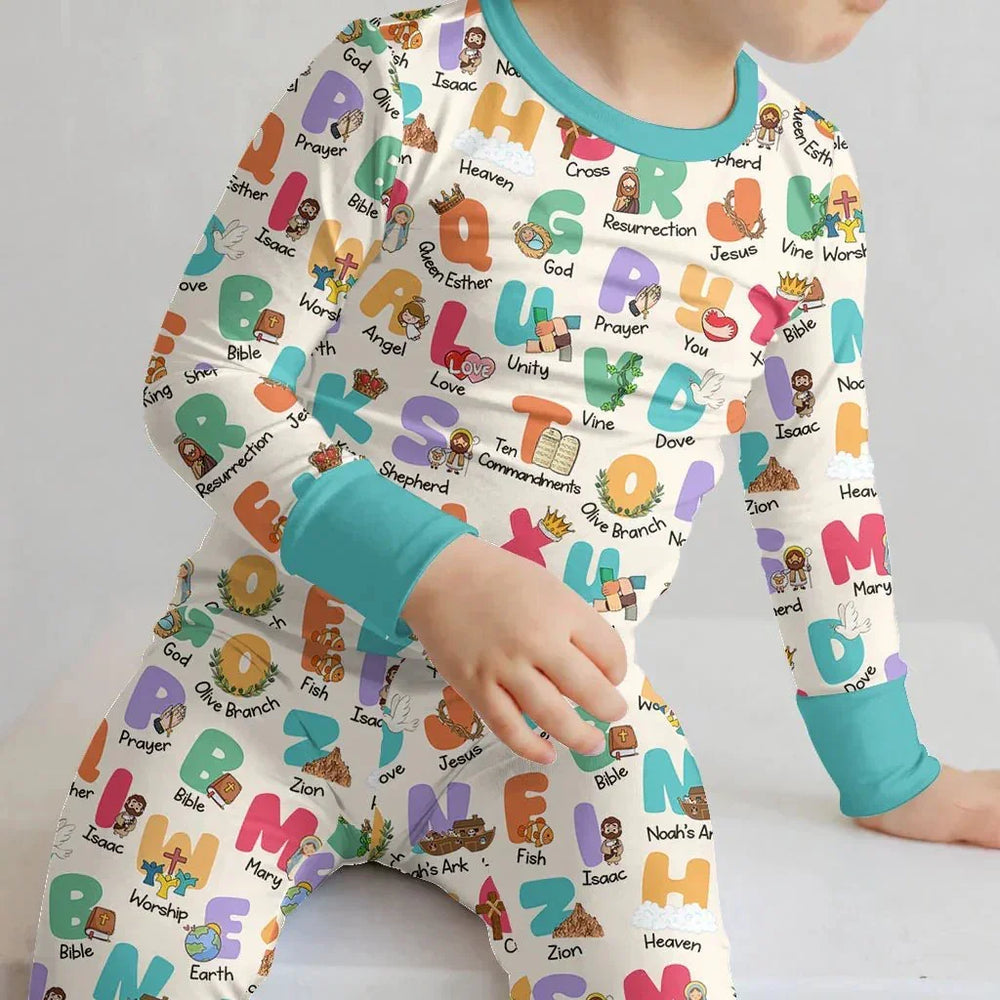 Biblical Alphabet Two Piece Long Sleeve Pajama Set , Biblical Alphabet Two Piece Long Sleeve Pajama Set - 12-18M / Teal