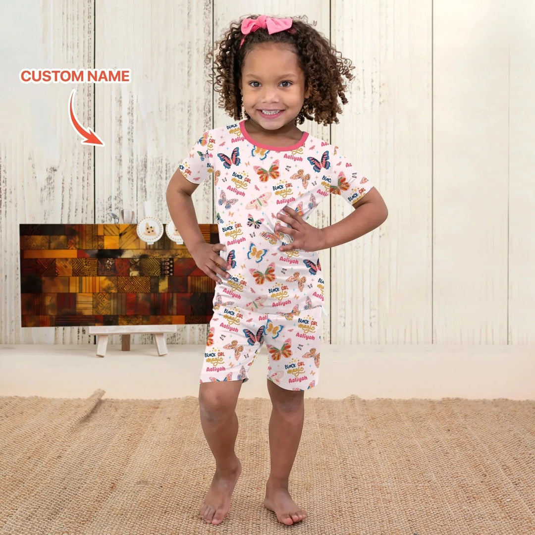 Black Girl Magic Custom Name Two Piece Short Sleeve Shorts Pajama Set , Black Girl Magic Custom Name Two Piece Short Sleeve Shorts Pajama Set - 12-18M