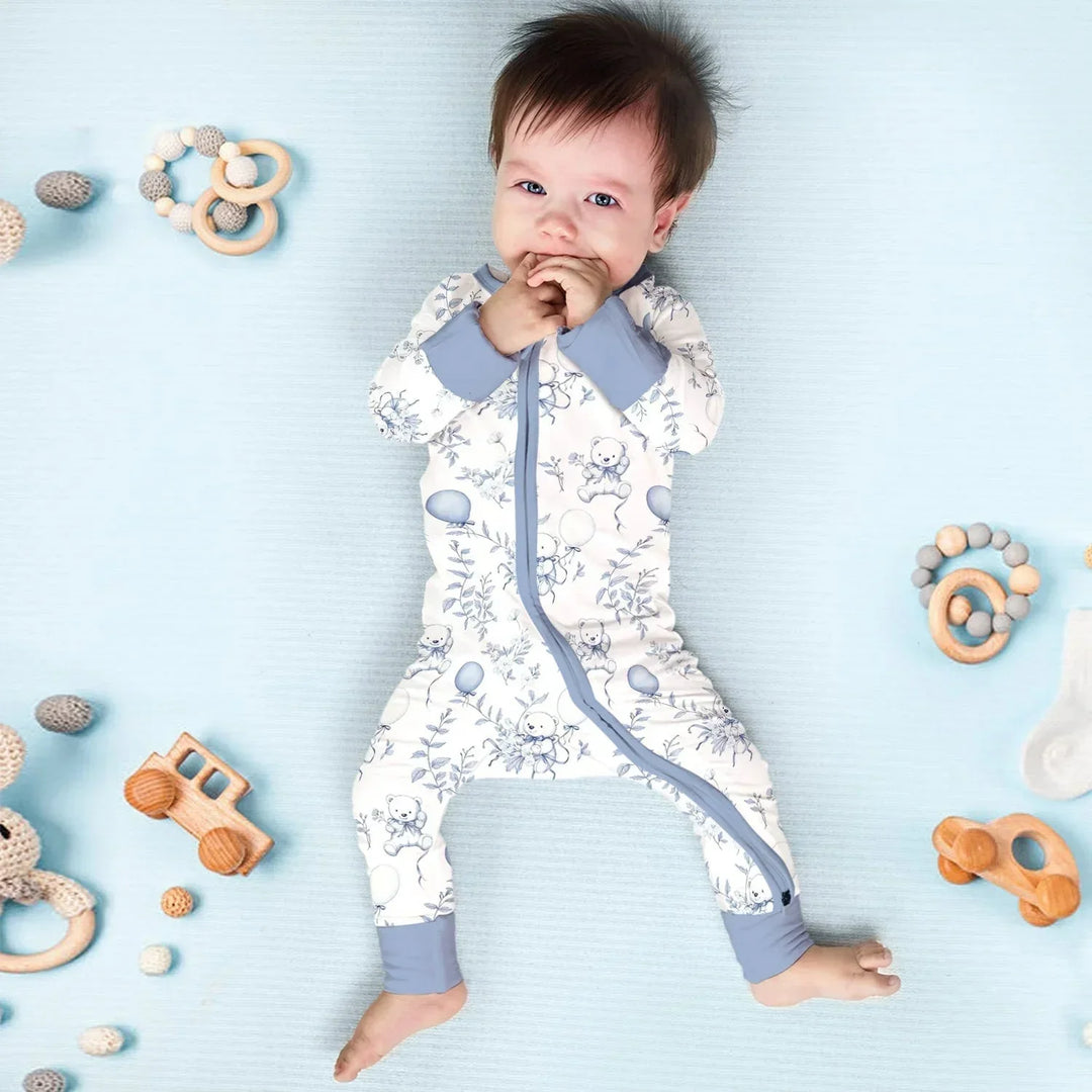 Blue Bear Toile de jouy Convertible Zippered Romper , Blue Bear Toile de jouy Convertible Zippered Romper - Newborn