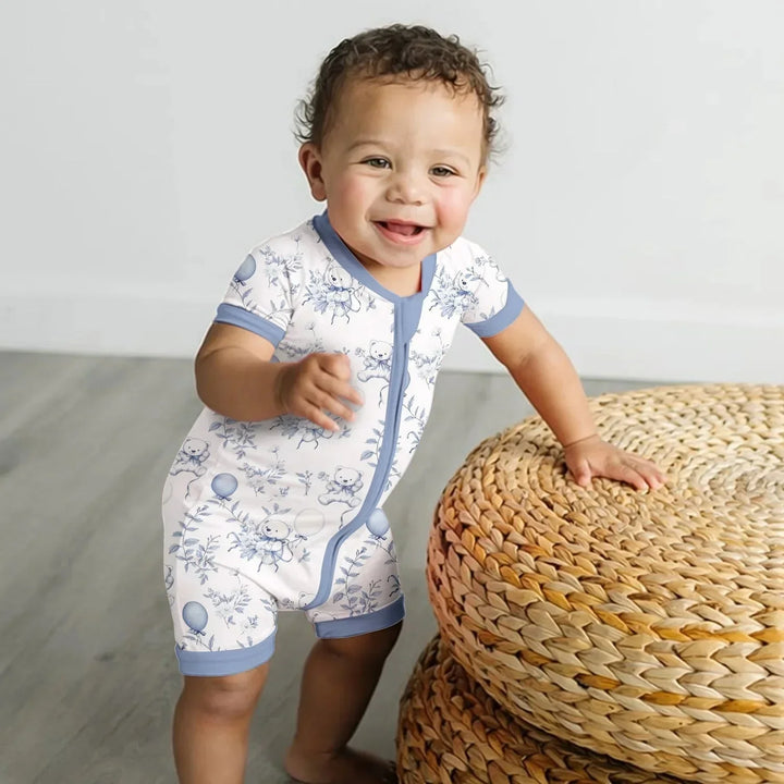 Blue Bear Toile de jouy Shorty Zippered Romper , Blue Bear Toile de jouy Shorty Zippered Romper - Newborn