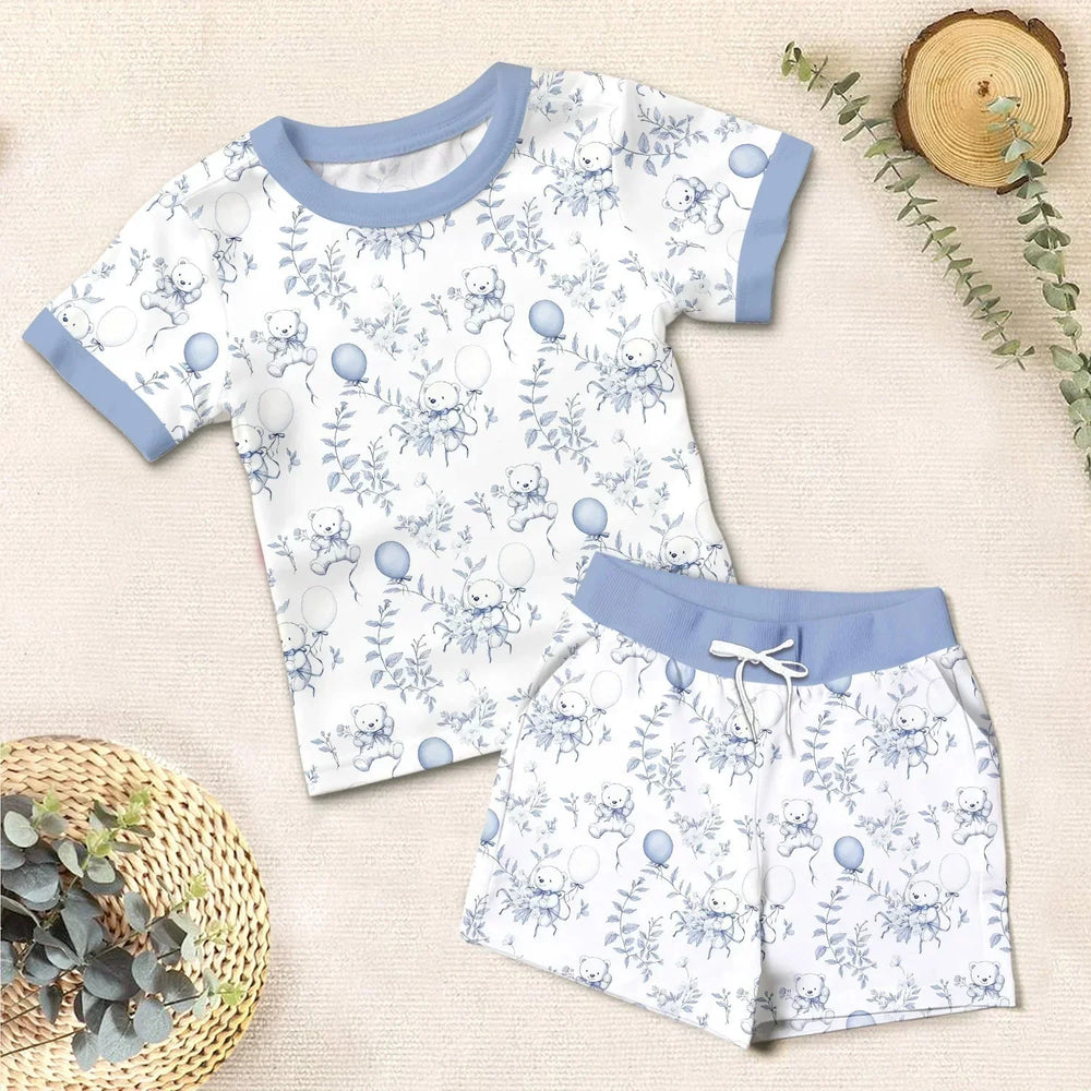 Blue Bear Toile de jouy Two Piece Short Sleeve Shorts Pajama Set , Blue Bear Toile de jouy Two Piece Short Sleeve Shorts Pajama Set - 12-18M