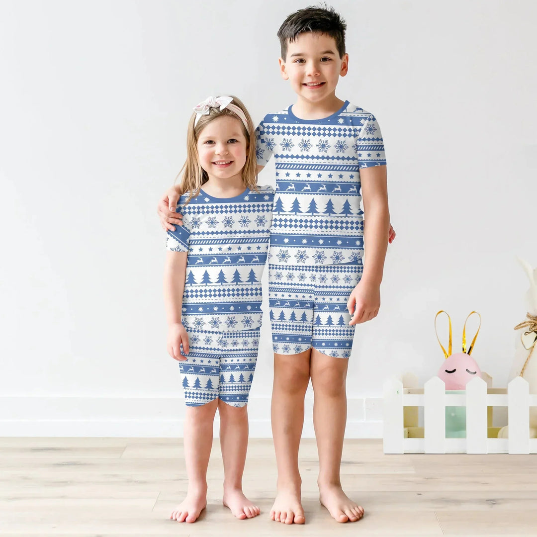 Blue Fair Isle Two Piece Short Sleeve Shorts Pajama Set , Blue Fair Isle Two Piece Short Sleeve Shorts Pajama Set - 12-18M