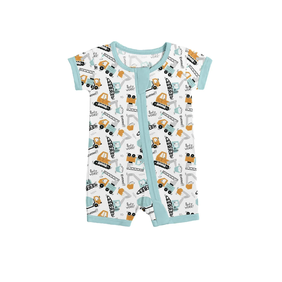 Boho Construction Vehicle Shorty Zippered Romper , Boho Construction Vehicle Shorty Zippered Romper - 0-3M