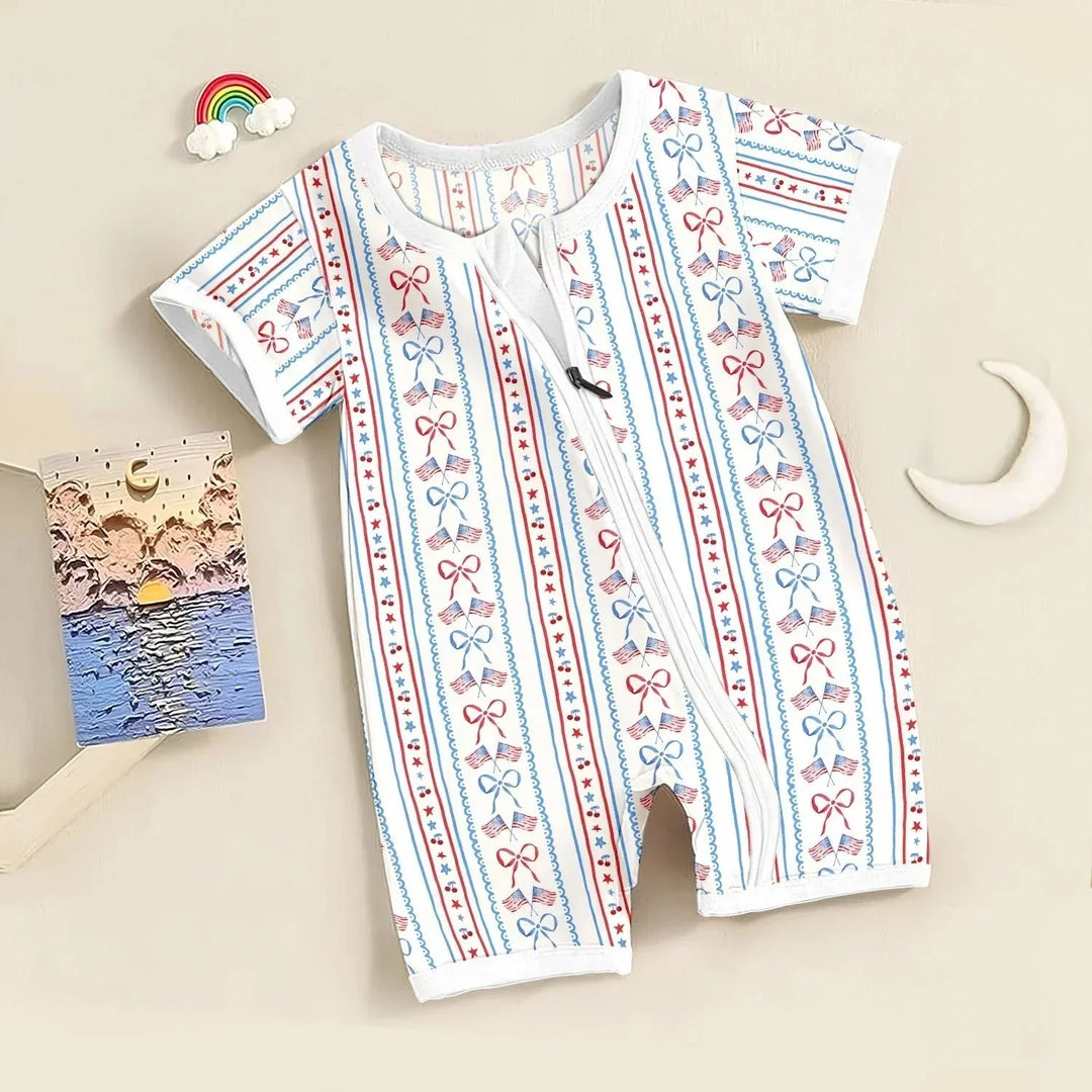 Bow and Flag Shorty Zippered Romper , Bow and Flag Shorty Zippered Romper - Newborn
